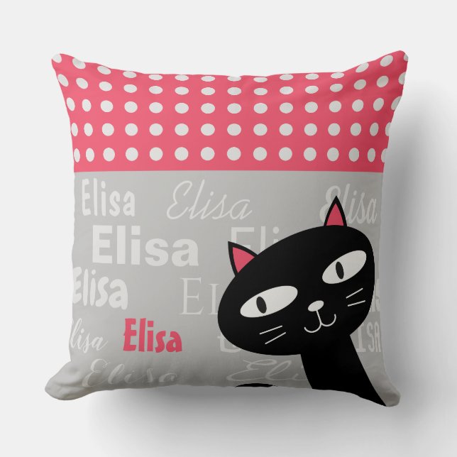 Niedliche schwarze Katzenrosa Polka Punkte Fügen S Kissen (Vorderseite)