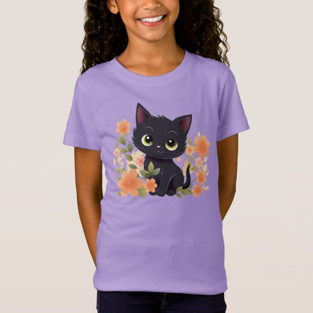 Niedliche Schwarze Kitten und Blume T-Shirt (Vorderseite)