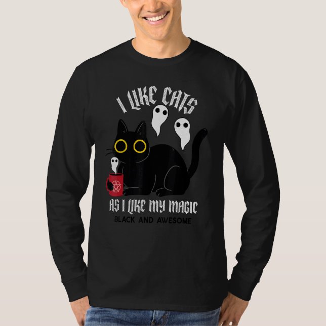 Niedliche schwarze Kitty-Hexe mit Geistern schwarz T-Shirt (Vorderseite)