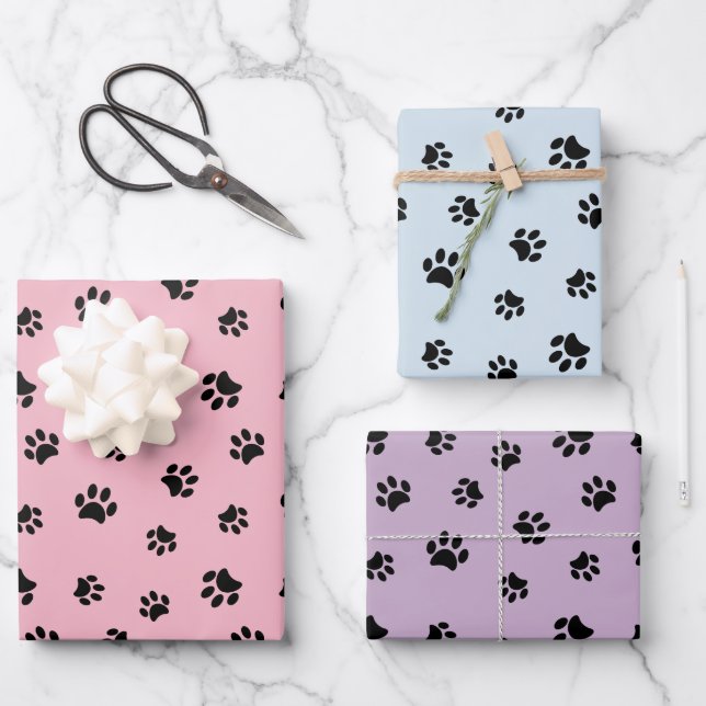 Niedliche schwarze Paw-Drucke Pastellfarben Rosa B Geschenkpapier Set (Vorderseite)