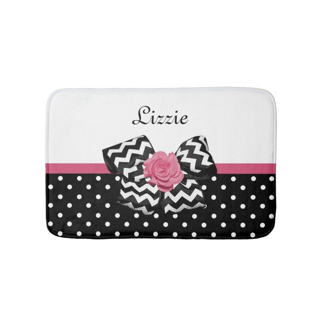 Niedliche schwarze Punkte Rosa Zickzack Bow und Na Badematte (Vorderseite)