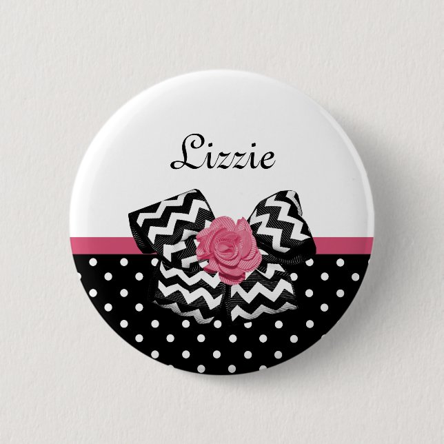 Niedliche schwarze Punkte Rosa Zickzack Bow und Na Button (Vorderseite)