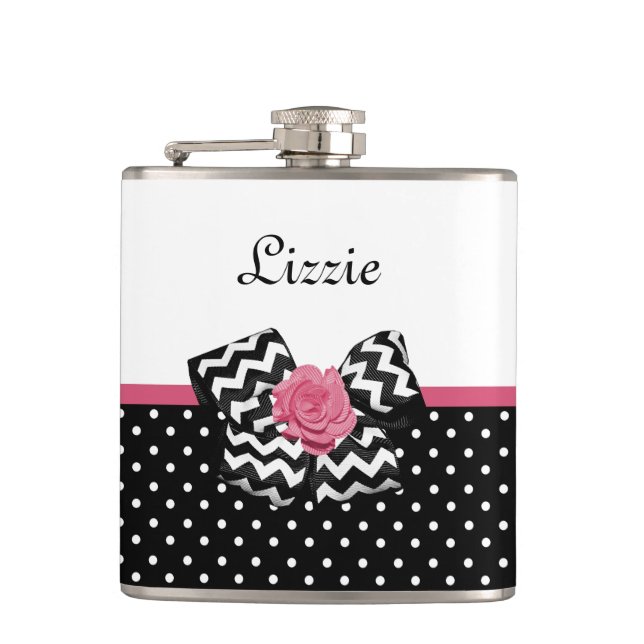 Niedliche schwarze Punkte Rosa Zickzack Bow und Na Flachmann (Vorderseite)