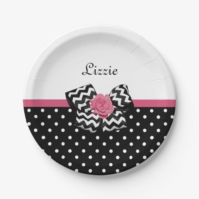 Niedliche schwarze Punkte Rosa Zickzack Bow und Na Pappteller (Vorderseite)