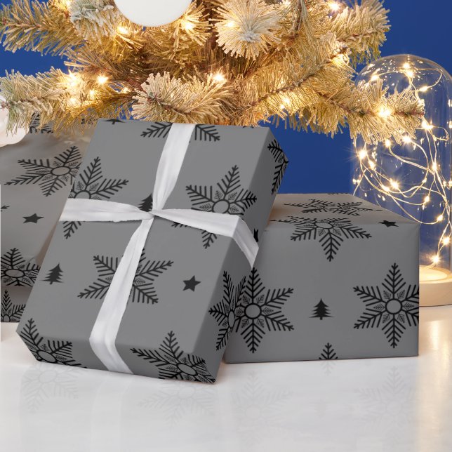 Niedliche Schwarze Schneeflocken Weihnachtsmuster Geschenkpapier (Feiertage)