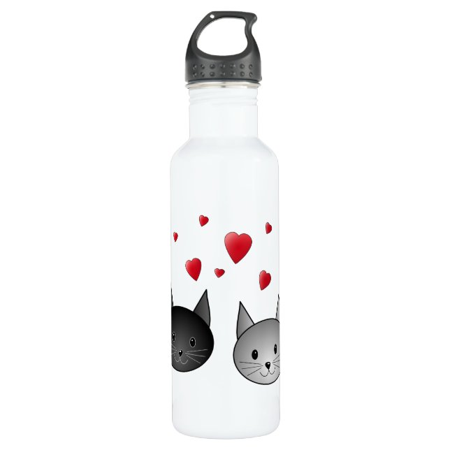 Niedliche schwarze und graue Katzen, mit Herzen Trinkflasche (Vorderseite)