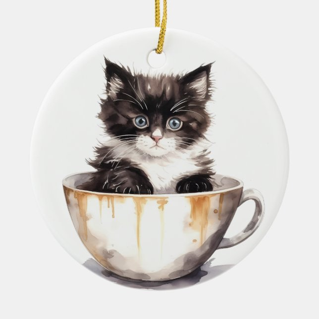 NIEDLICHE SCHWARZE UND WEISSE KÜCHE IN TEACUP KERAMIK ORNAMENT (Vorne)