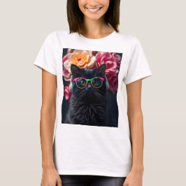 Niedliche Schwarzkatze mit Brille und Kopfhörern T-Shirt