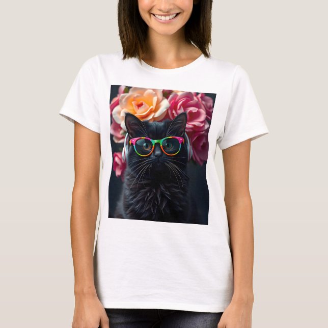 Niedliche Schwarzkatze mit Brille und Kopfhörern T-Shirt (Vorderseite)