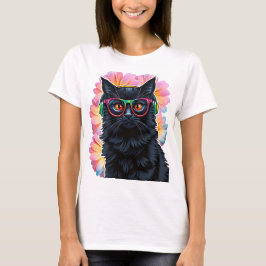 Niedliche Schwarzkatze mit Brille und Kopfhörern T-Shirt
