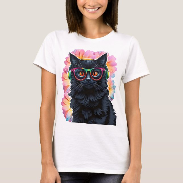 Niedliche Schwarzkatze mit Brille und Kopfhörern T-Shirt (Vorderseite)
