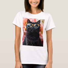 Niedliche Schwarzkatze mit Brille und Kopfhörern T-Shirt