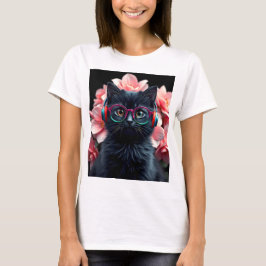 Niedliche Schwarzkatze mit Brille und Kopfhörern T-Shirt