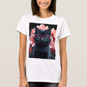 Niedliche Schwarzkatze mit Brille und Kopfhörern T-Shirt