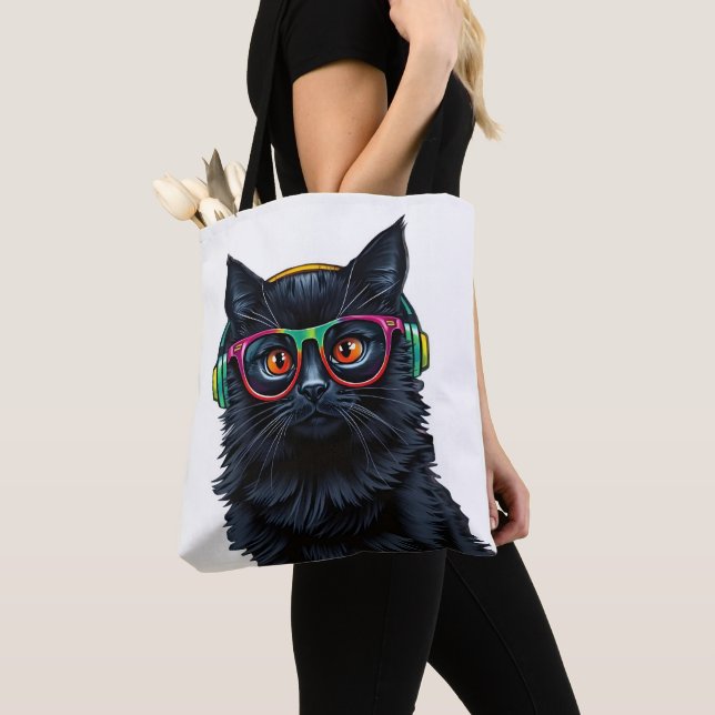 Niedliche Schwarzkatze mit Brille und Kopfhörern Tasche (Von Nahem)