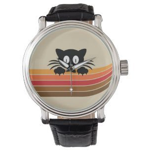 Niedliche Schwarzkatze mit Retrostreifen Armbanduhr