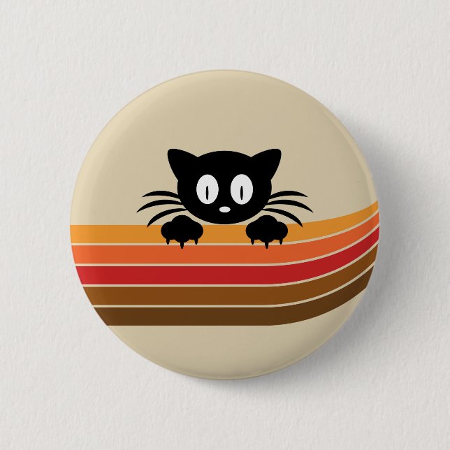 Niedliche Schwarzkatze mit Retrostreifen Button (Vorderseite)