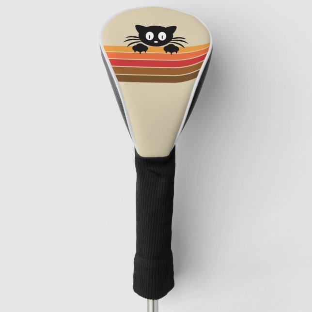 Niedliche Schwarzkatze mit Retrostreifen Golf Headcover (Vorderseite)