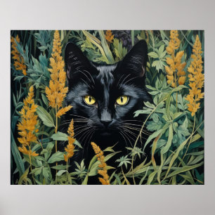 Niedliche Schwarzkatze und Blume Poster