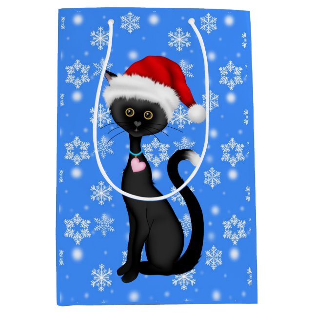 Niedliche Schwarzkatze, Weihnachtsmannmütze und Sc Mittlere Geschenktüte (Vorderseite)