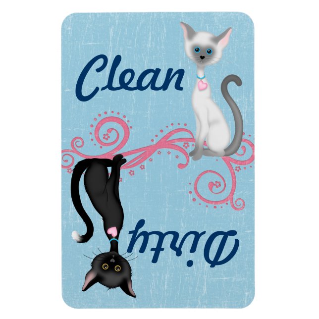 Niedliche Schwarzweiss-Katzen säubern schmutzige Magnet (Vertikal)