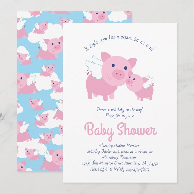 Niedliche Schweine Babydusche Einladung (Vorne/Hinten)