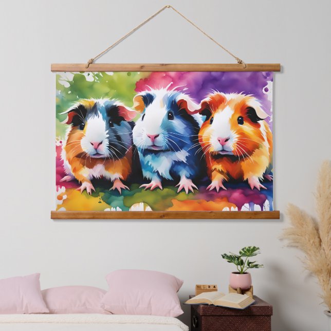 Niedliche Schweine der Guinea mit Farbspritzen Wandteppich Mit Holzrahmen (Schlafzimmer)