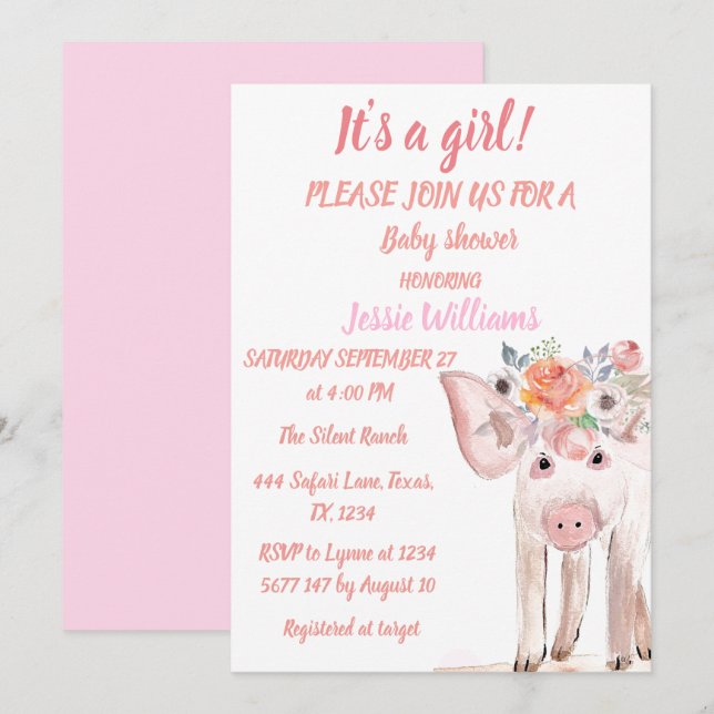 Niedliche Schweine Farm Tiere Pink Baby Girl Einladung (Vorne/Hinten)