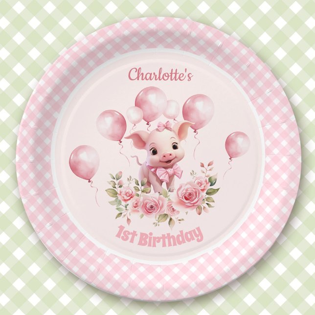 Niedliche Schweine in landwirtschaftlichen Betrieb Pappteller (Cute Piggy Farm Animals Girl Pink 1st Birthday Paper Plates)