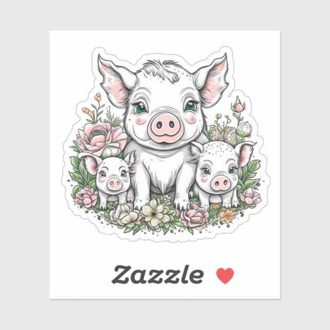 Niedliche Schweine und Ferkel bei Blume Aufkleber (Blatt)