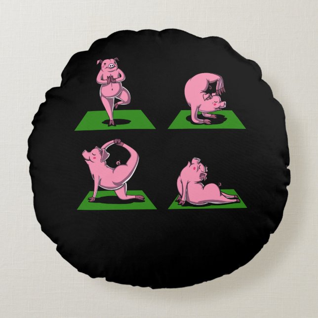 Niedliche Schweine-Yoga-Posen Gezüchtete Landtiere Rundes Kissen (Vorderseite)