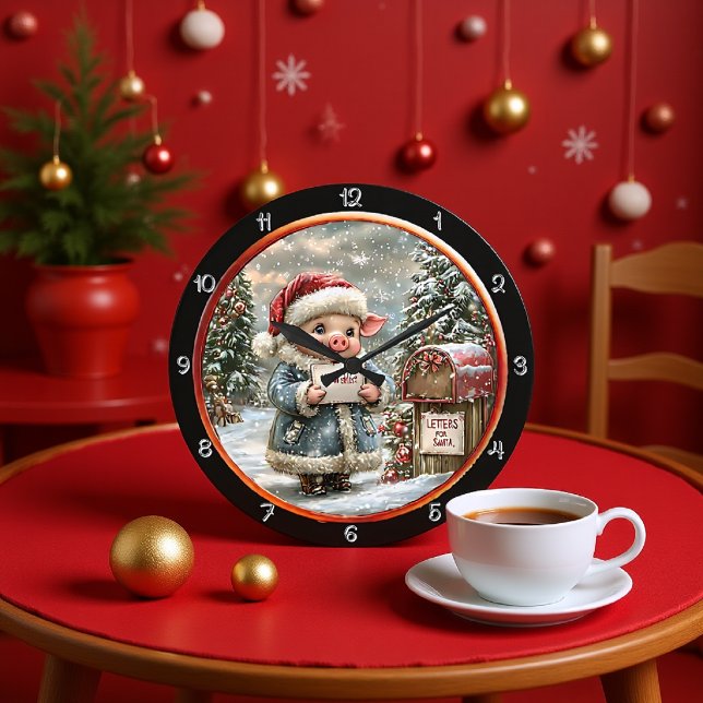 Niedliche Schweinehälfte Weihnachtswishlist Große Wanduhr (Von Creator hochgeladen)