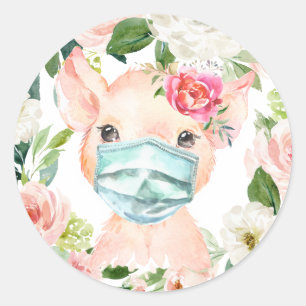Niedliche Schweinemaske mit rosafarbenen Blume Runder Aufkleber