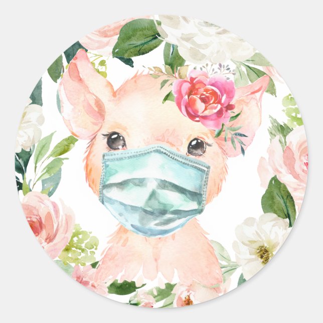 Niedliche Schweinemaske mit rot-rosa Blume Runder Aufkleber (Vorderseite)