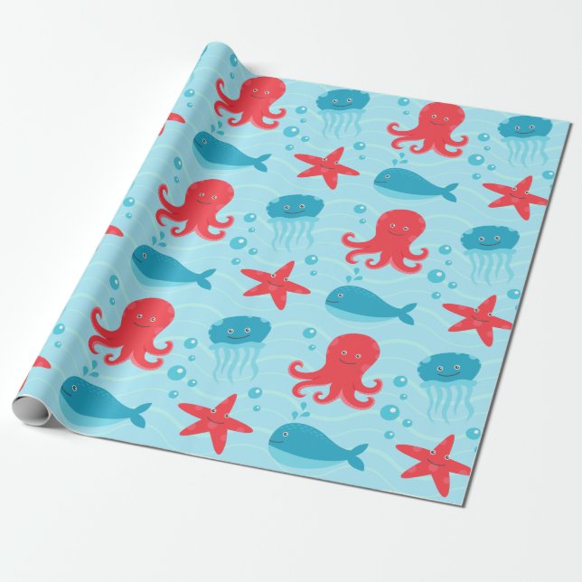 Niedliche Schwimmen blaue rotes Seegeschöpfquallen Geschenkpapier (Ungerollt)