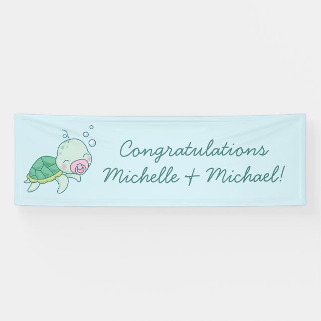 Niedliche Sea Turtle Baby Shower Kawaii Pink Girl Banner (Horizontal)