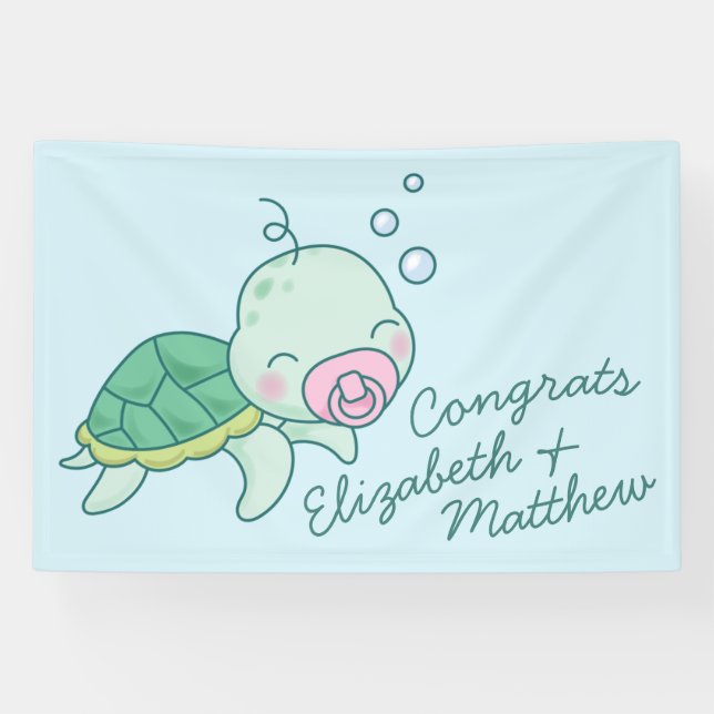 Niedliche Sea Turtle Baby Shower Kawaii Pink Girl Banner (Horizontal)