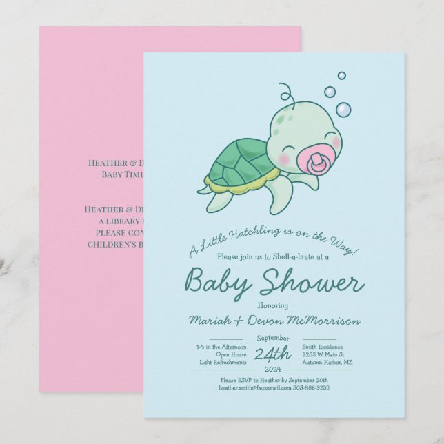 Niedliche Sea Turtle Baby Shower Kawaii Pink Girl Einladung (Vorne/Hinten)
