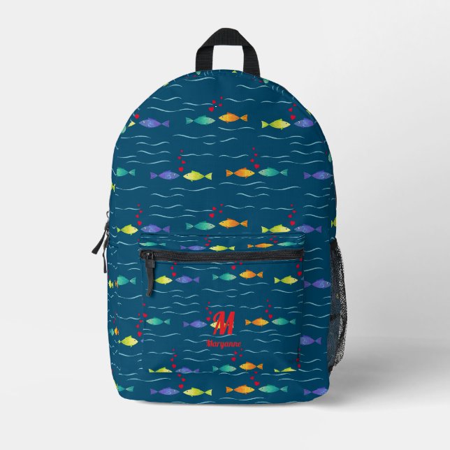Niedliche Seefische in Liebe, Monogramm Bedruckter Rucksack (Vorderseite)