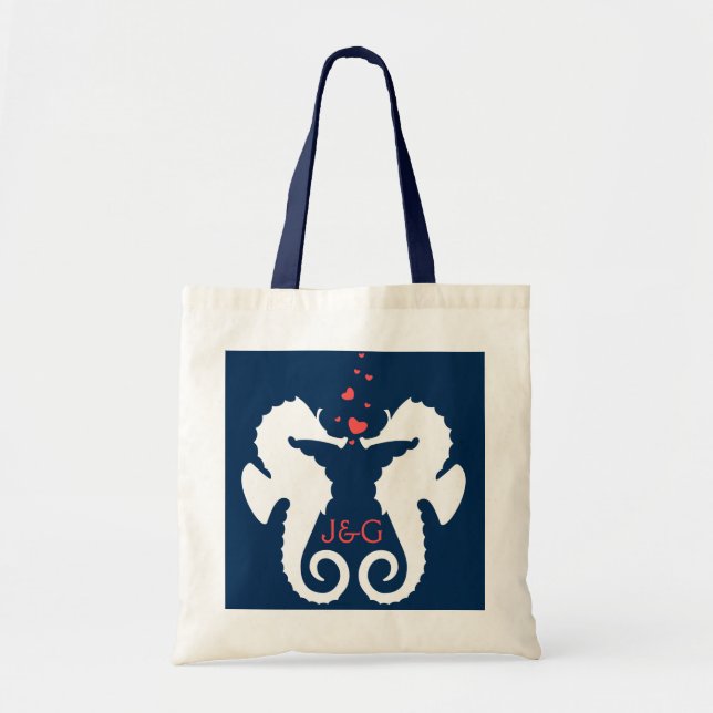 Niedliche Seepferde aus Weiß und Navy und Blau Tragetasche (Vorne)