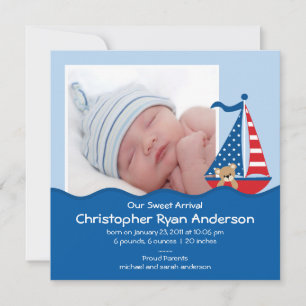 Niedliche Seesegelboot-Baby-Jungen-Foto-Mitteilung Ankündigung