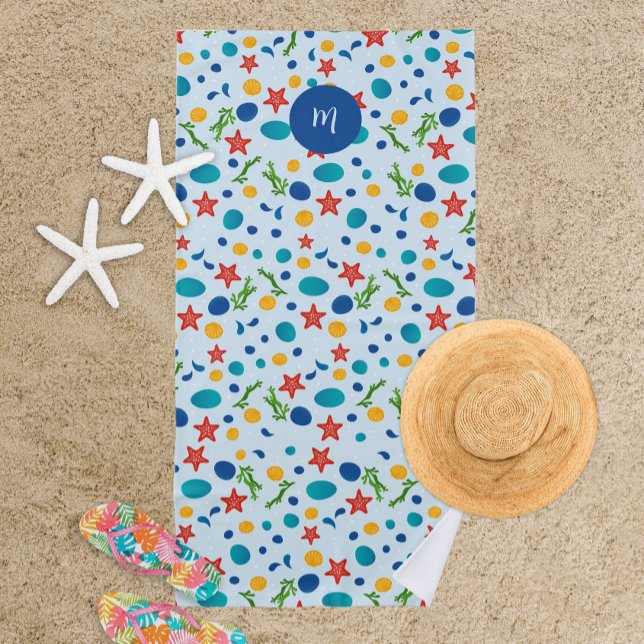 Niedliche Seestrand-Collage nach Maß Strandtuch (Custom monogram sea collage ocean beach towel)