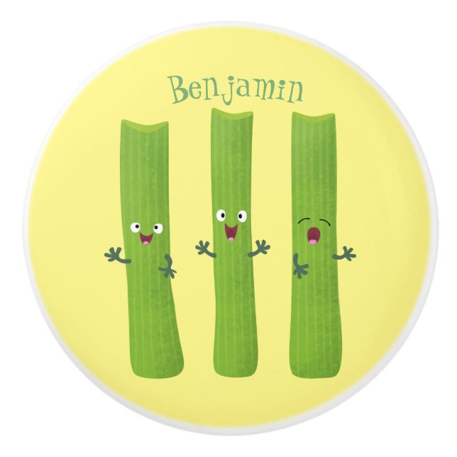 Niedliche Sellerie Sticks Trio Cartoon Gemüse Keramikknauf (Vorderseite)