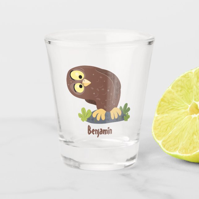 Niedliche, seltsame, lustige Uhu-Cartoon-Illustrat Schnapsglas (Vorderseite)
