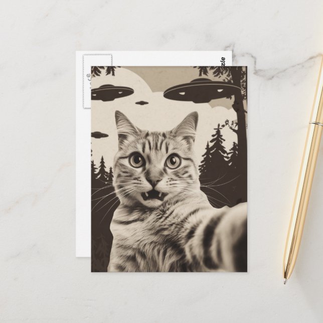 Niedliche Sepia Kitty und UFO Postkarte (Vorderseite/Rückseite Beispiel)