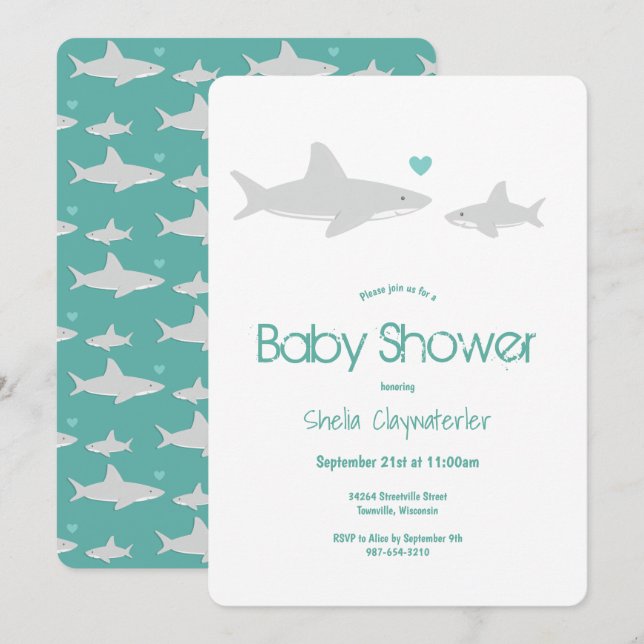 Niedliche Shark Animal Green Baby Dusche Einladung (Vorne/Hinten)