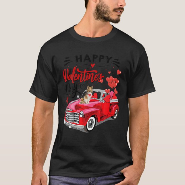 Niedliche Sheltie Hund roter Lkw Happy Valentine s T-Shirt (Vorderseite)