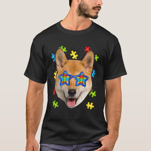 Niedliche Shiba Inu Autism Puzzle Sonnenbrille Wel T-Shirt (Vorderseite)