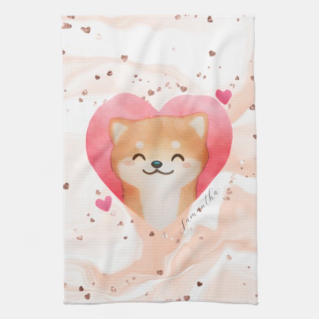 Niedliche Shiba Inu im Herzen Geschirrtuch (Vertikal)