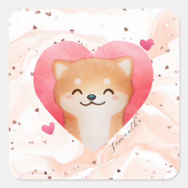 Niedliche Shiba Inu im Herzen Quadratischer Aufkleber (Vorderseite)